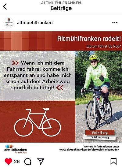 Social Media Beitrag "Warum fährst du Fahrrad?" Ein männlicher Fahrradfahrer auf dem Weg zur Arbeit. Als Text wird ein Zitat hinterlegt, warum er Fahrrad fährt.